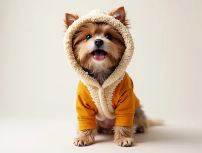 Adorable Yorkshire Terrier Puppy Wearing A Yellow Hoodie