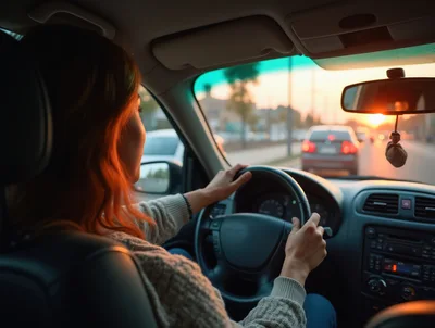 Woman Driving A Car During Sunset