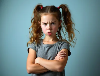 Angry Young Girl With Pigtails Crossing Her Arms