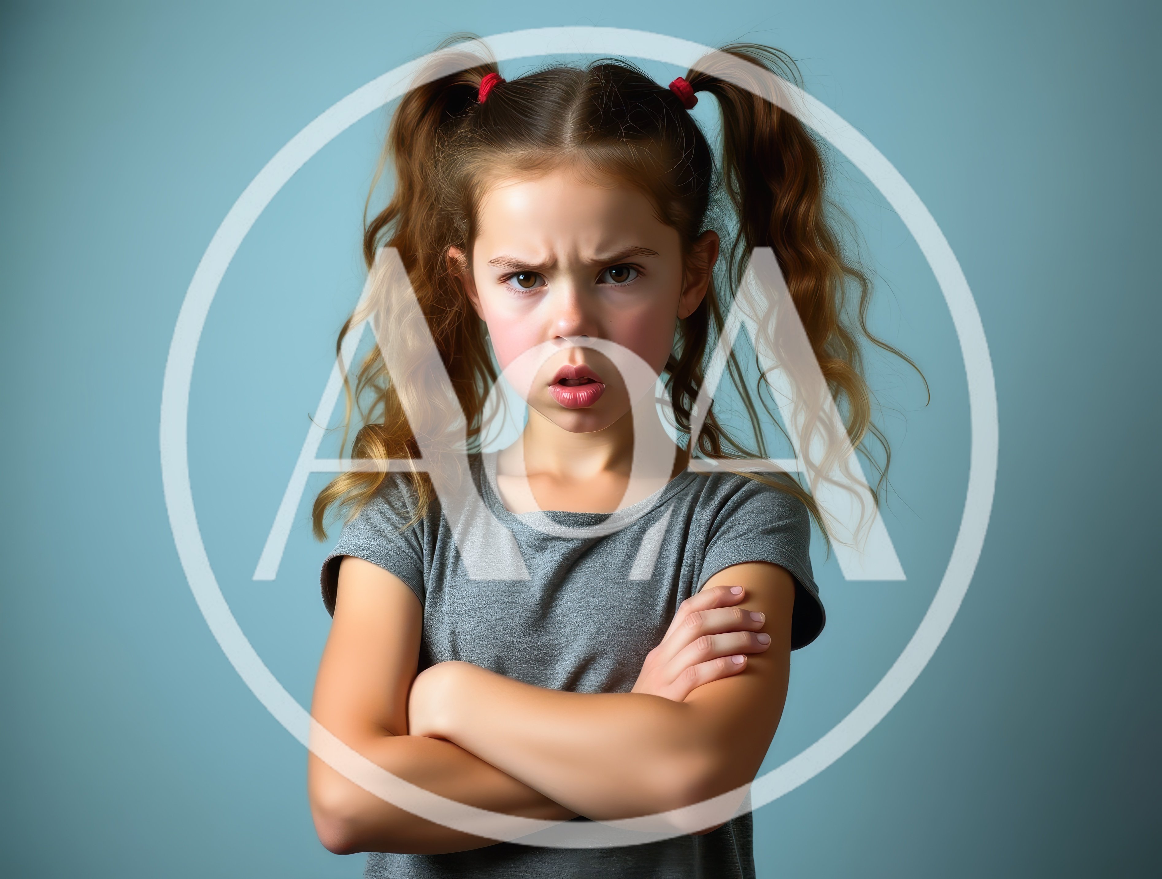 Angry Young Girl With Pigtails Crossing Her Arms