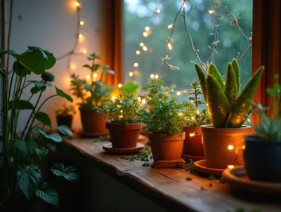 Potted Plants On A Wooden Windowsill With Fairy Lights