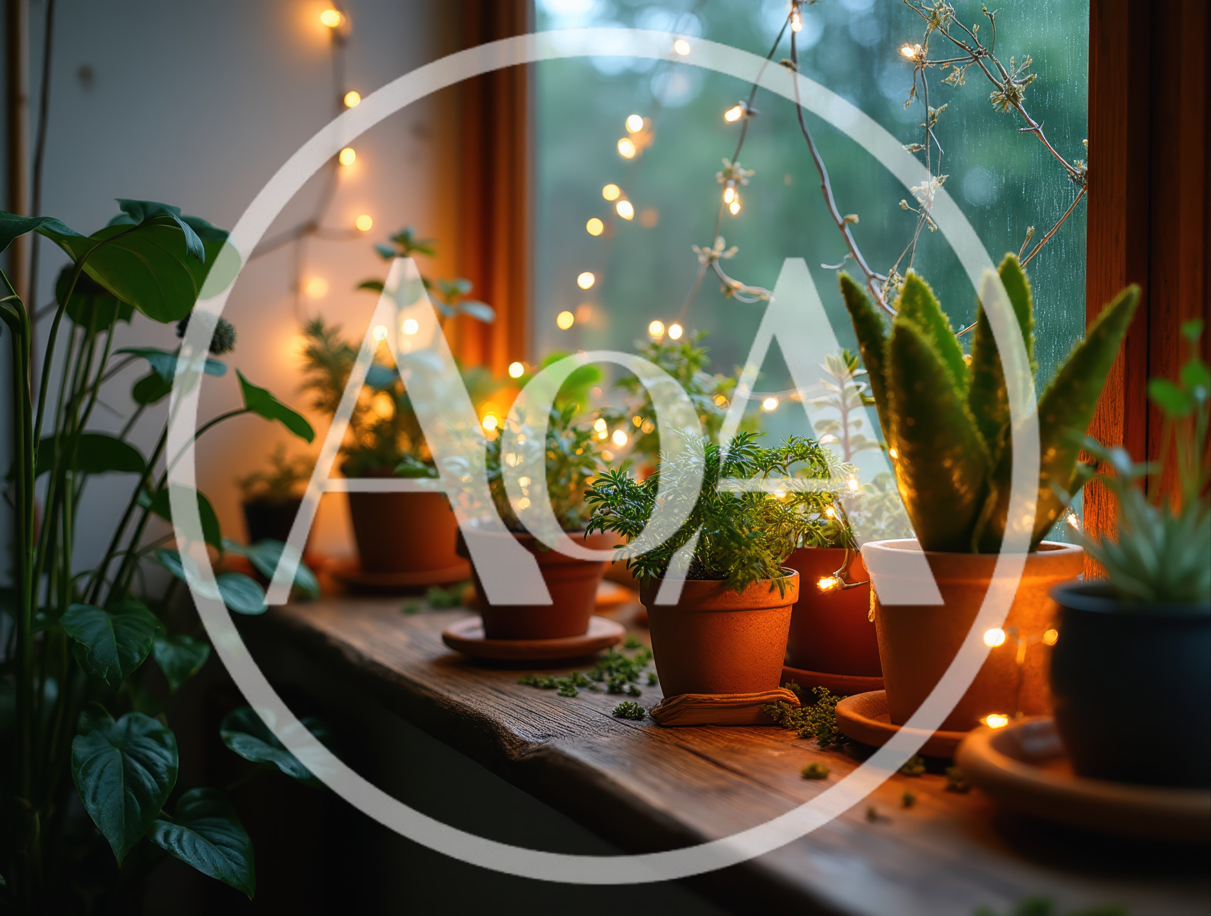 Potted Plants On A Wooden Windowsill With Fairy Lights
