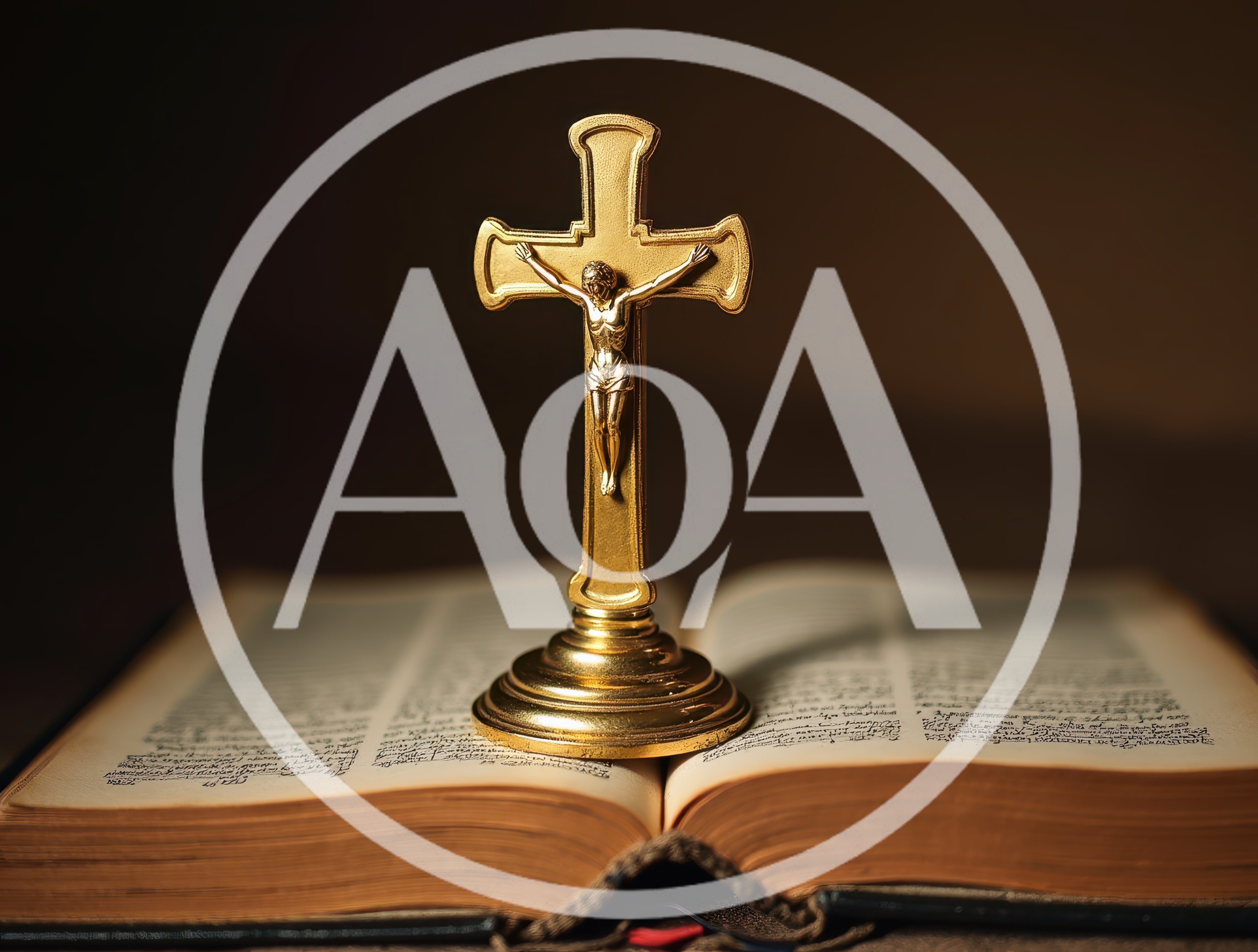 Golden Crucifix Standing On An Open Holy Bible