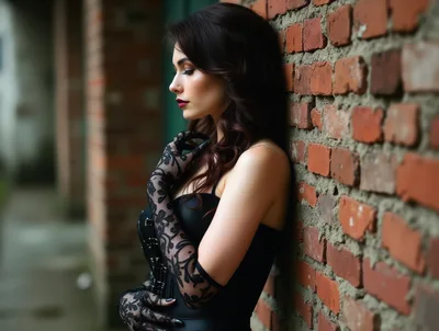 Elegant Woman In Black Lace Gloves Leaning Against Brick Wall