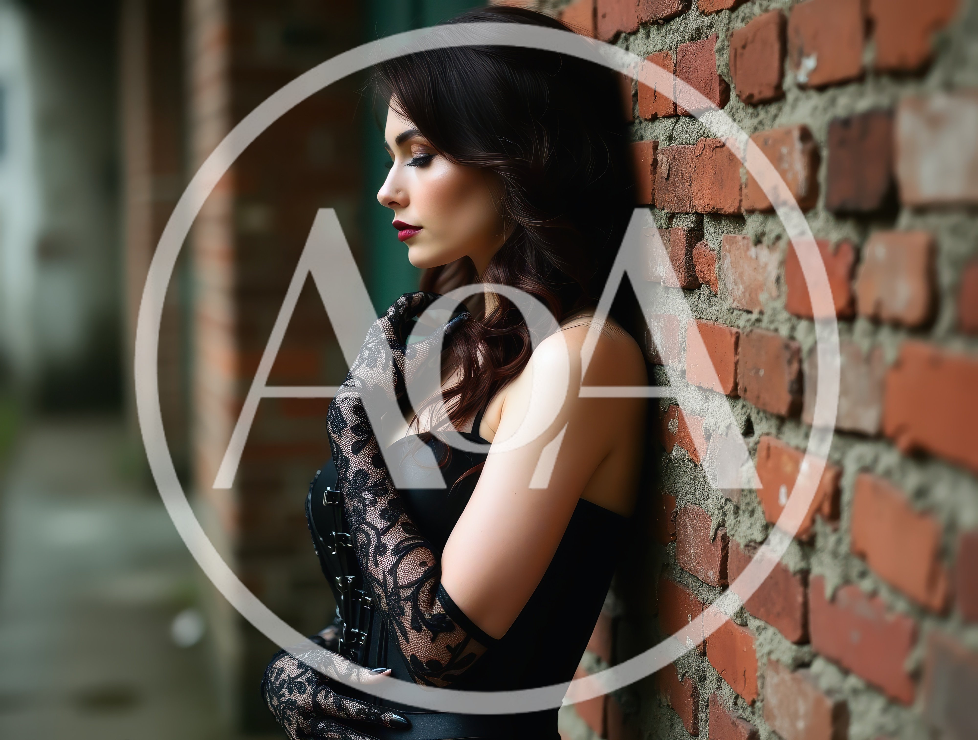Elegant Woman In Black Lace Gloves Leaning Against Brick Wall