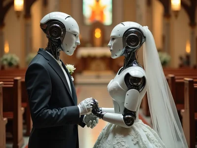 Robotic Couple Holding Hands During Wedding Ceremony