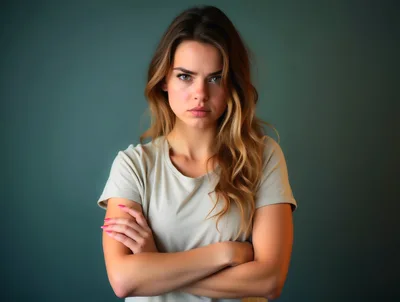Young Woman With Crossed Arms Looking Sternly