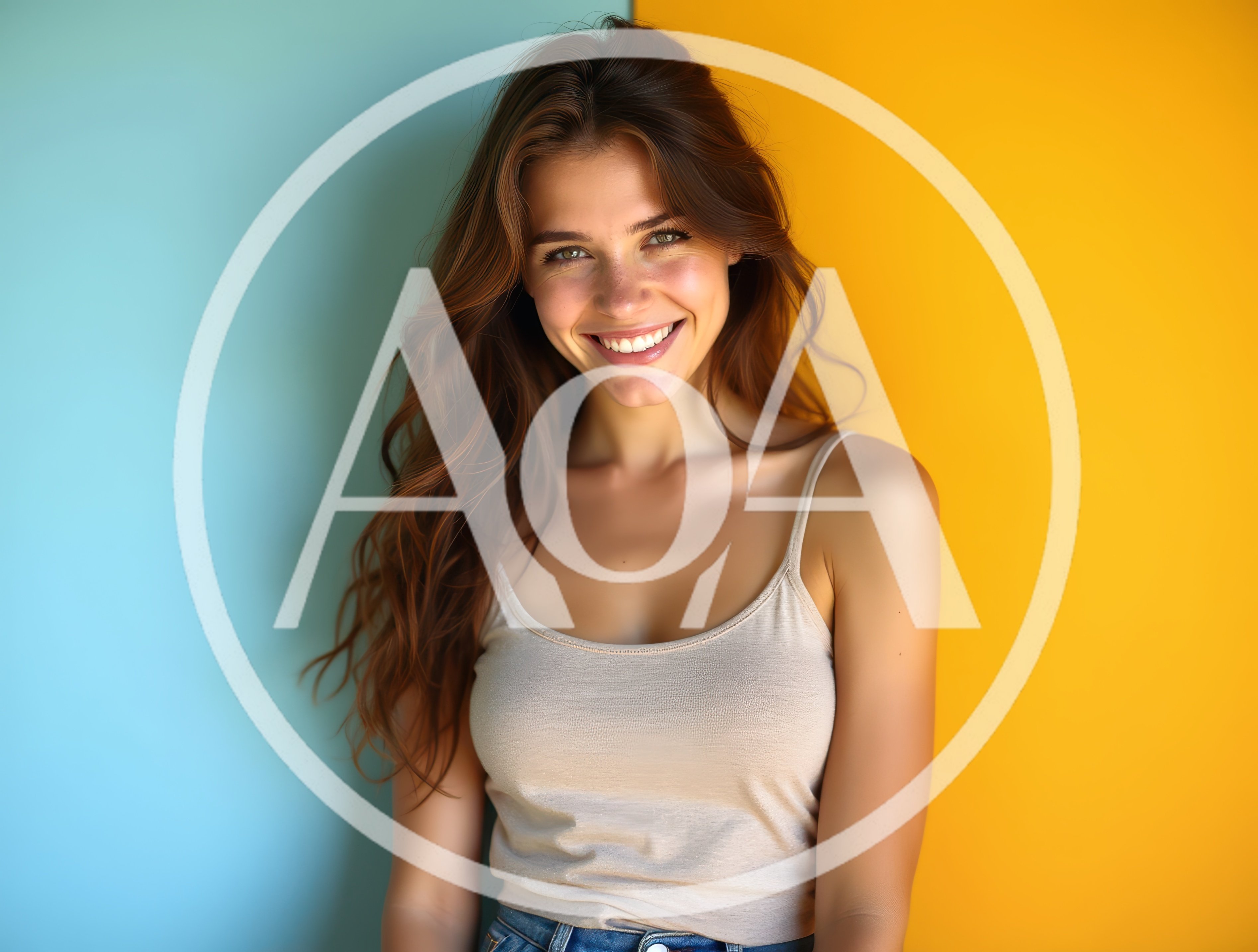 Smiling Young Woman Against Split Blue And Yellow Background