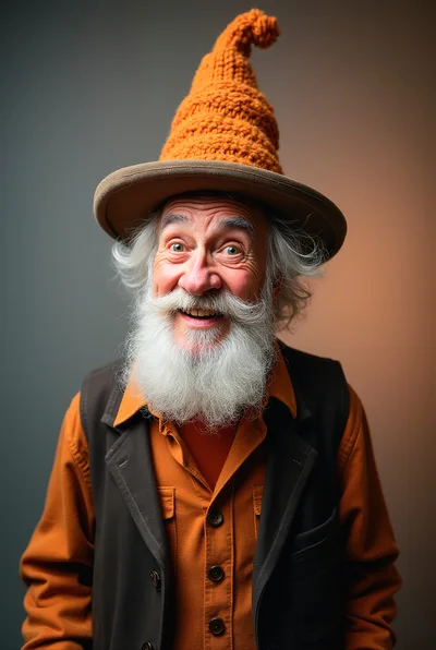 Portrait Of A Cheerful Elderly Man In A Wizard Hat