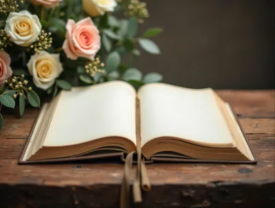 Open Blank Book With Roses On Wooden Table