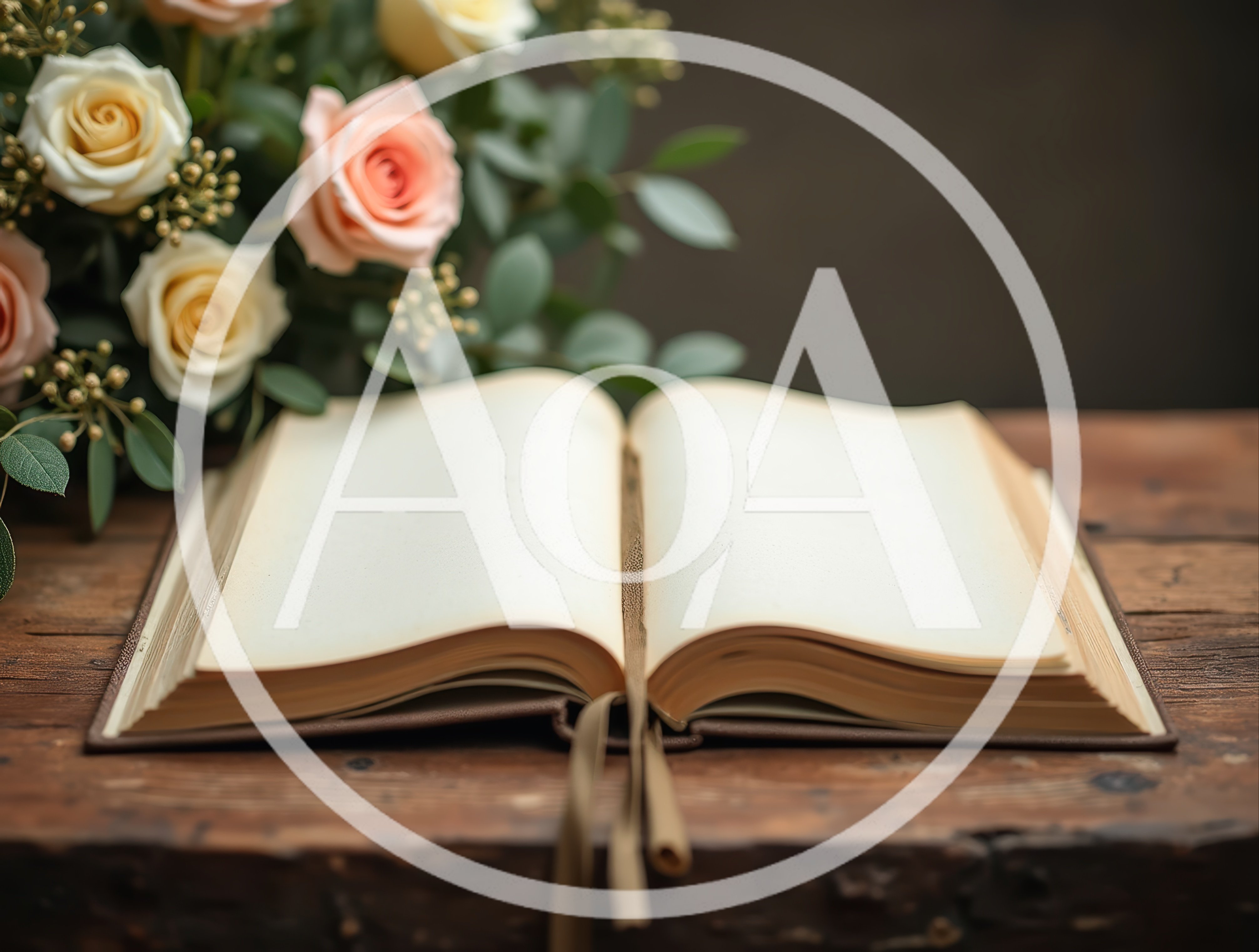 Open Blank Book With Roses On Wooden Table