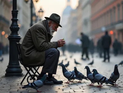 Elderly Man Feeding Pigeons On A City Street