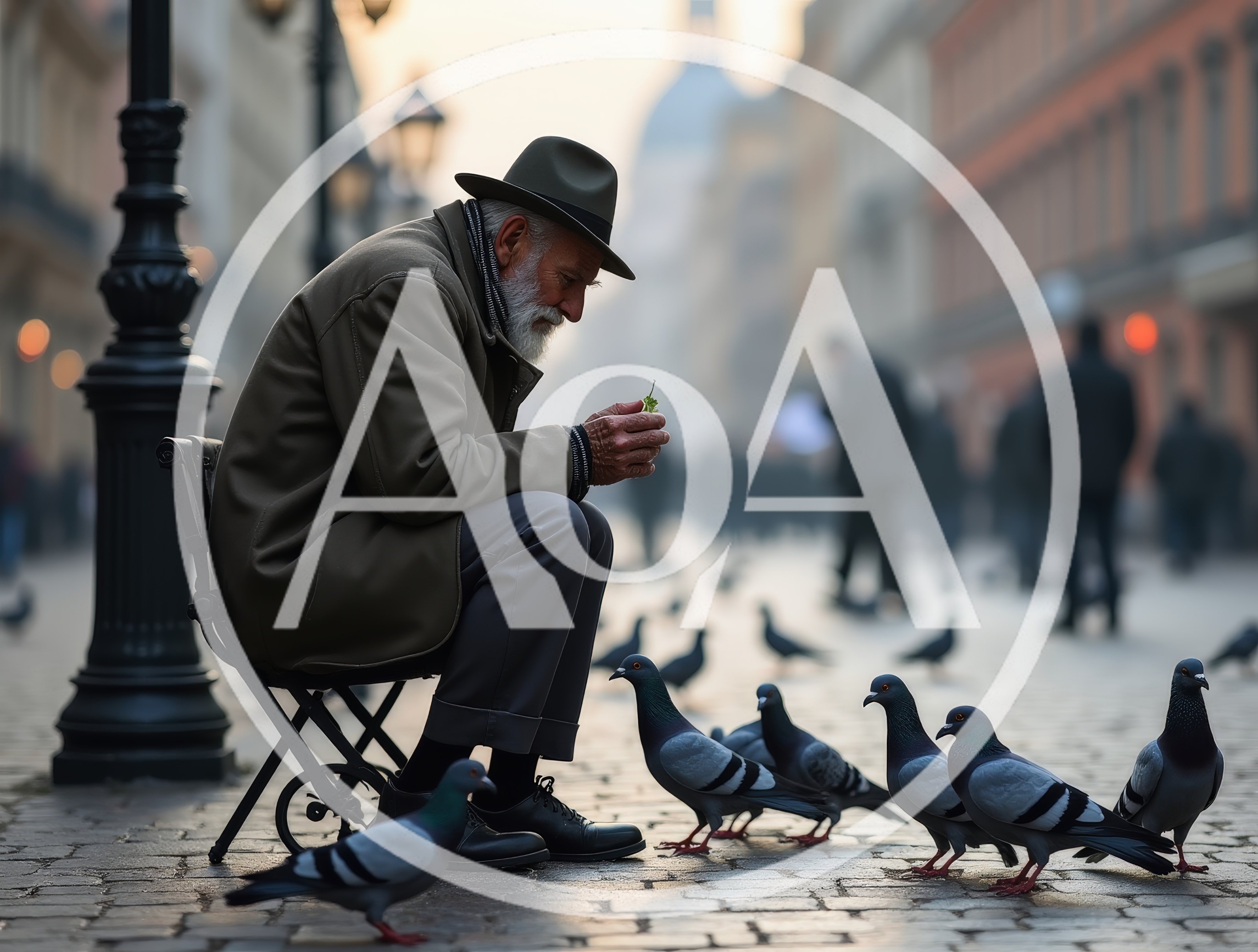 Elderly Man Feeding Pigeons On A City Street
