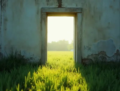 Open Doorway Leading To A Sunny Green Field