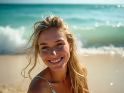 Smiling Blonde Woman Enjoying A Sunny Beach Day