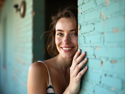 Smiling Woman Leaning Against A Teal Brick Wall
