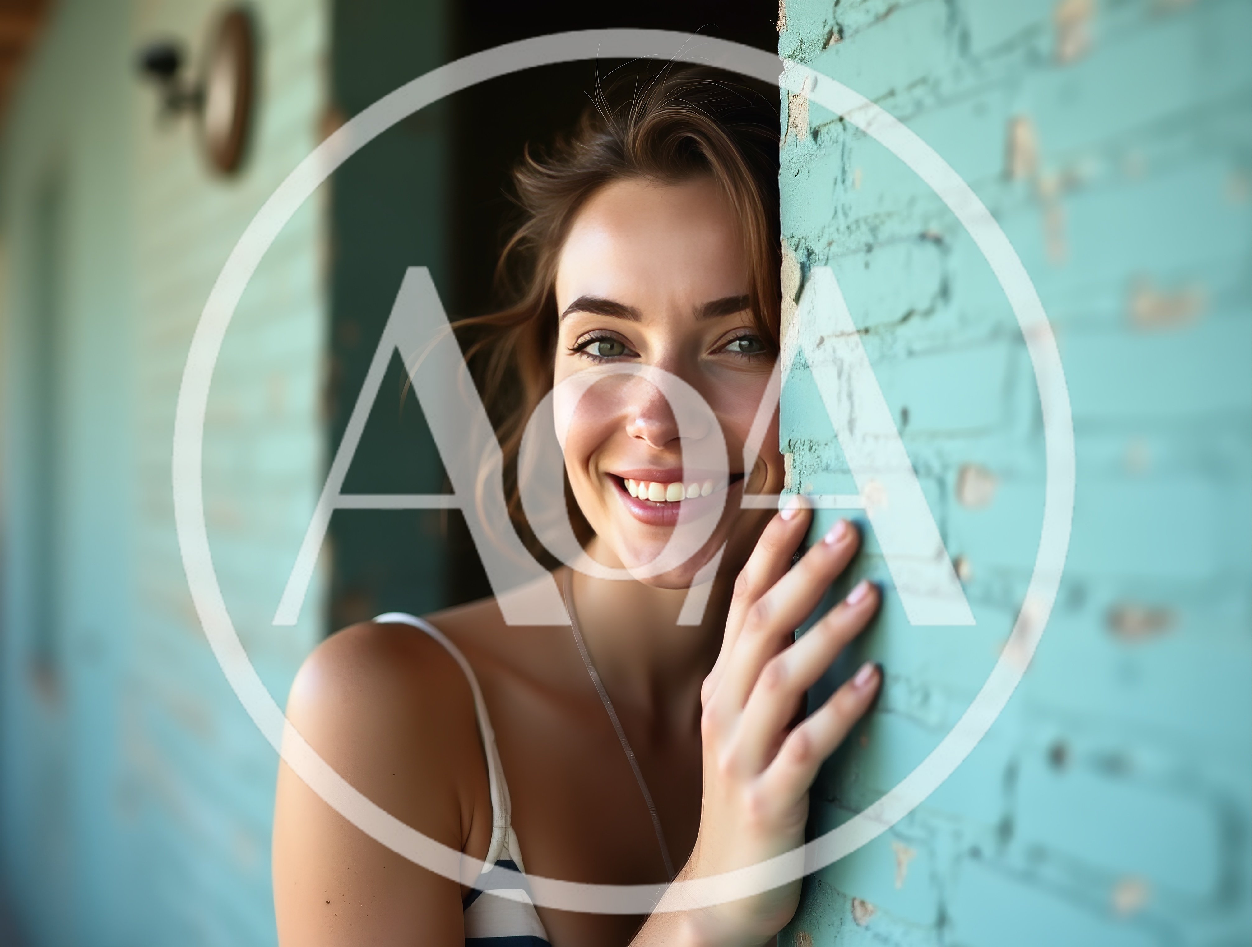 Smiling Woman Leaning Against A Teal Brick Wall