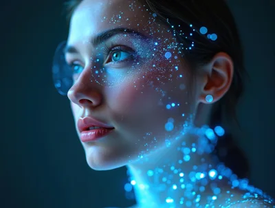 Portrait Of A Woman With Glowing Blue Digital Particles