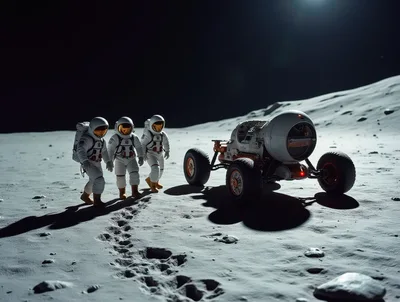 Three Astronauts Walking Near Lunar Rover On Moon Surface