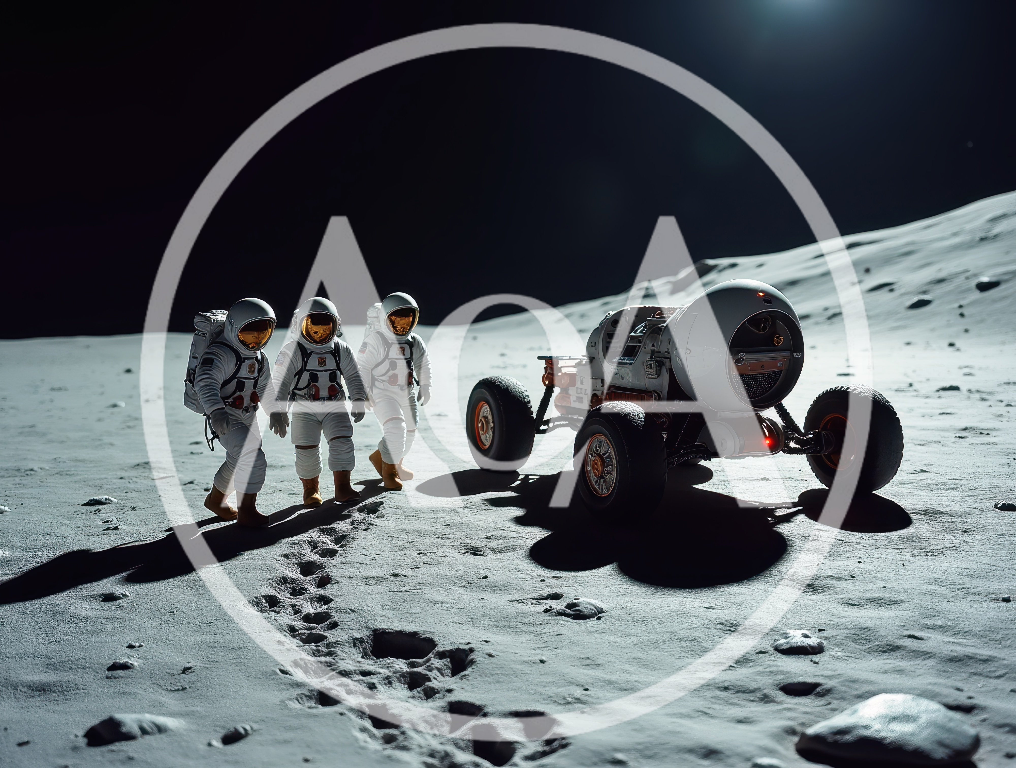 Three Astronauts Walking Near Lunar Rover On Moon Surface