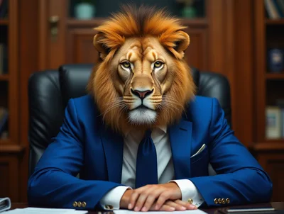 Lion Head Businessman Sitting At Office Desk