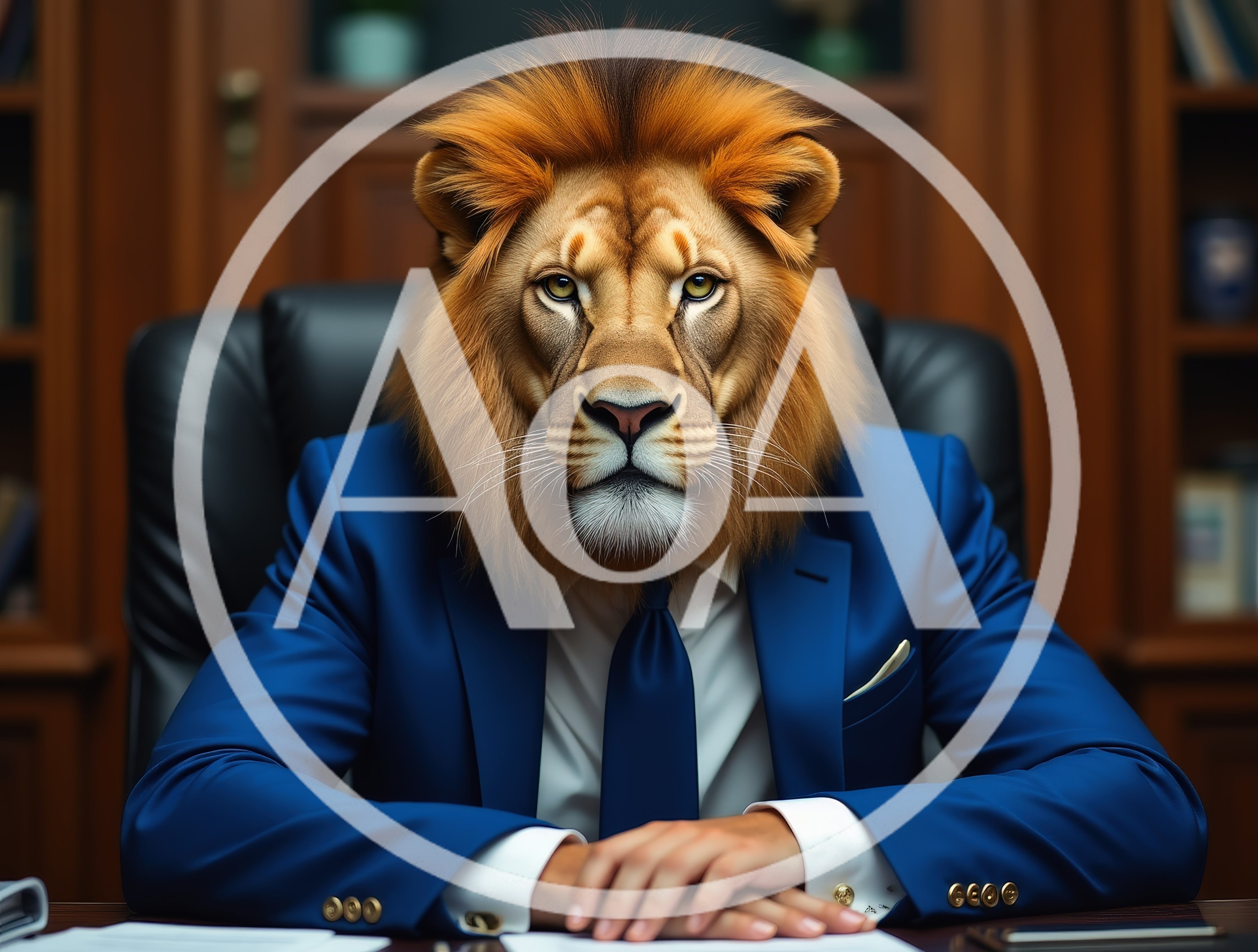 Lion Head Businessman Sitting At Office Desk