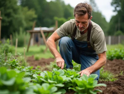 Middle Aged Man Gardening In A Vegetable Patch