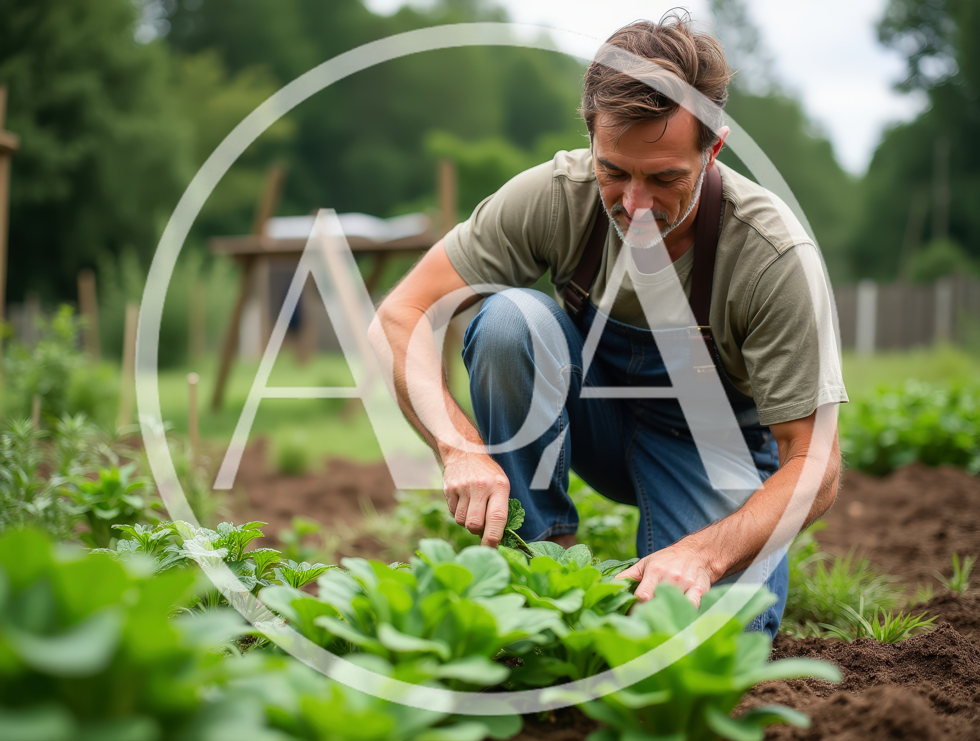 Middle Aged Man Gardening In A Vegetable Patch