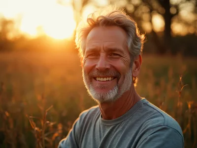 Portrait Of A Smiling Mature Man At Sunset