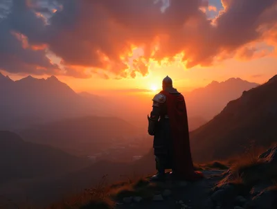 Knight Standing On Mountain Peak At Sunset