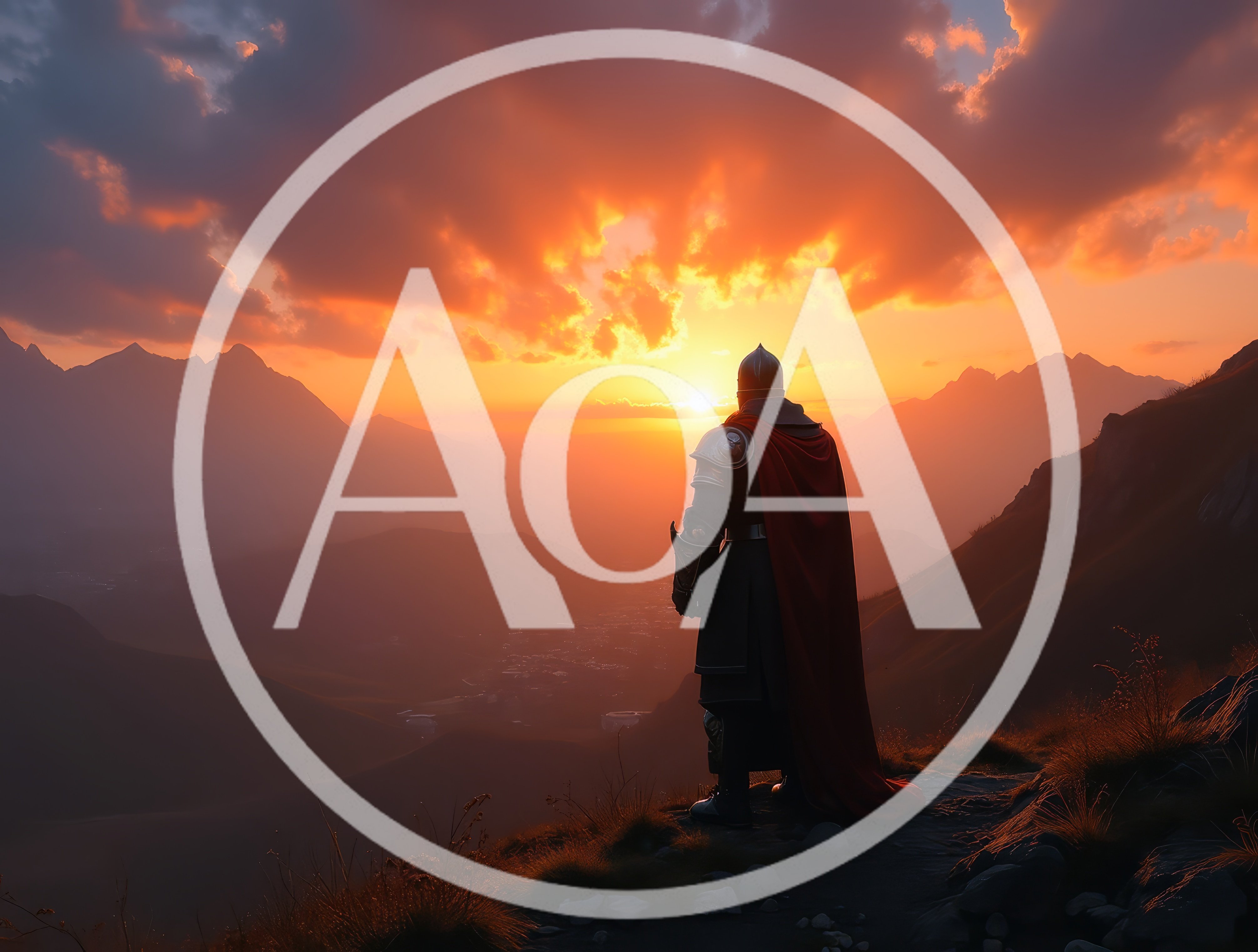 Knight Standing On Mountain Peak At Sunset