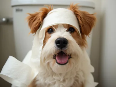 Cute Puppy Wrapped In Toilet Paper