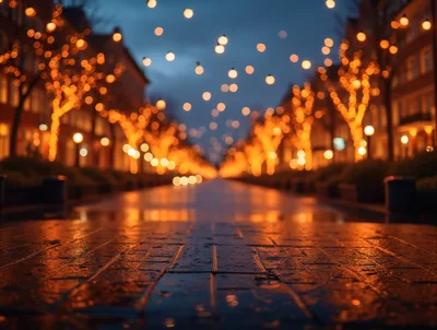 Wet Cobblestone Street With Festive Christmas Lights