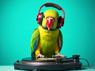 Parrot Wearing Headphones Playing Vinyl Records