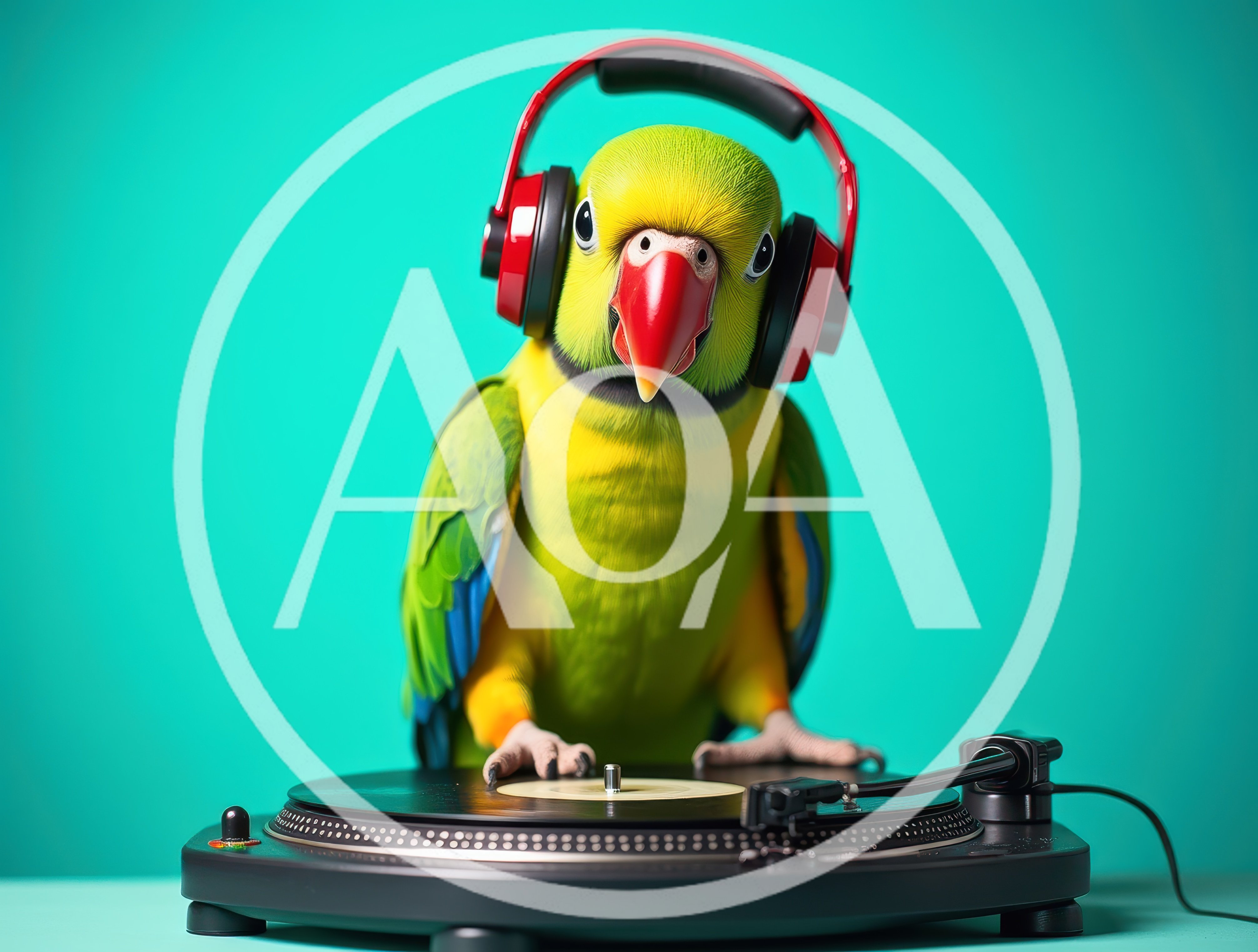 Parrot Wearing Headphones Playing Vinyl Records