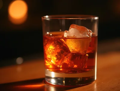 Glass Of Whiskey With Ice Cubes On Wooden Bar
