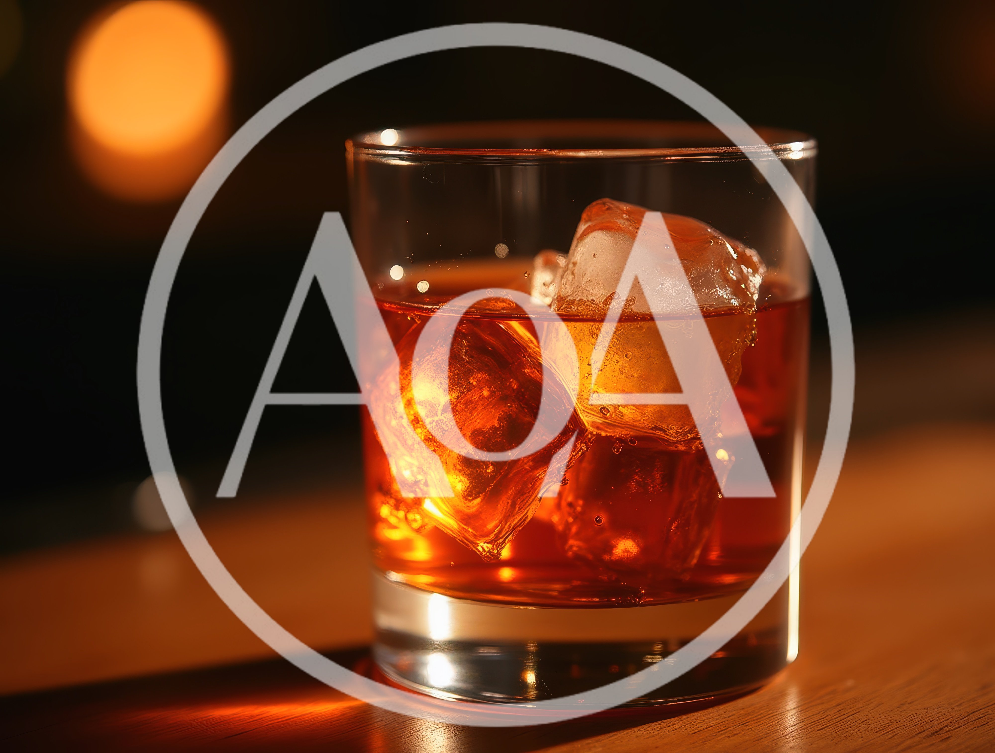 Glass Of Whiskey With Ice Cubes On Wooden Bar