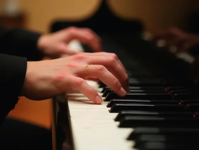 Close Up Of Pianist Hands Playing Grand Piano