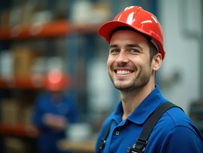 Smiling Warehouse Worker Wearing A Red Hard Hat