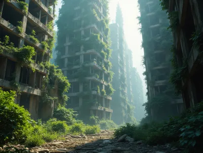 Overgrown Abandoned Concrete Apartment Buildings In Foggy Forest