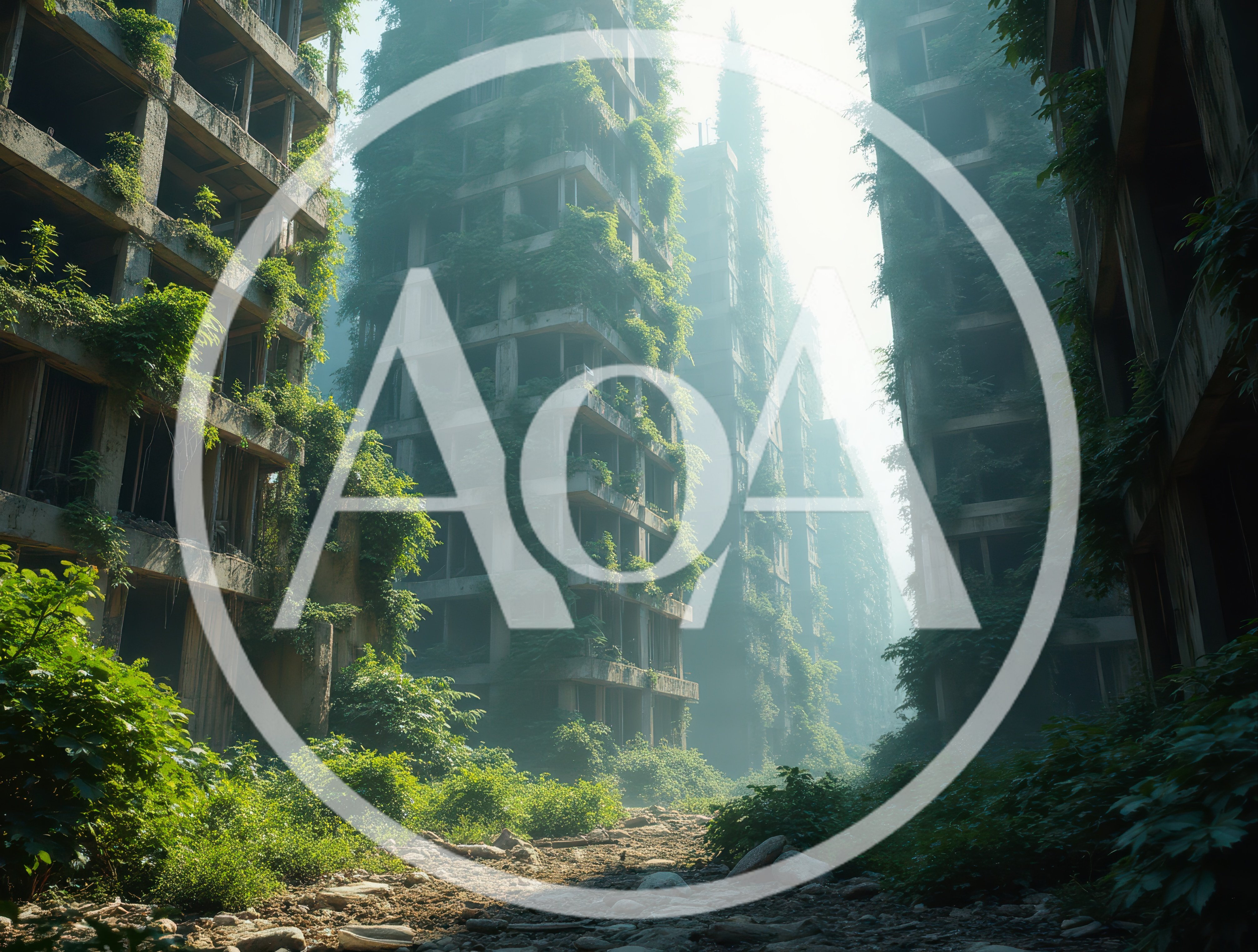 Overgrown Abandoned Concrete Apartment Buildings In Foggy Forest