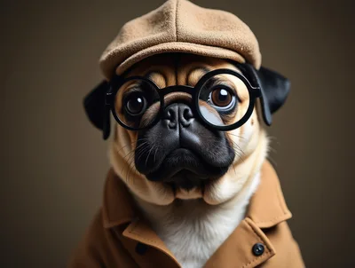 Pug Dog Wearing Glasses And A Flat Cap