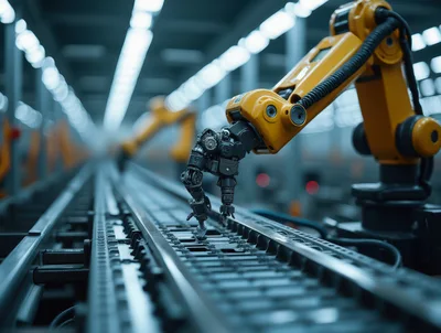 Industrial Robotic Arm Working On Automated Assembly Line