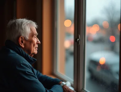 Elderly Man Looking Out A Window At City Lights