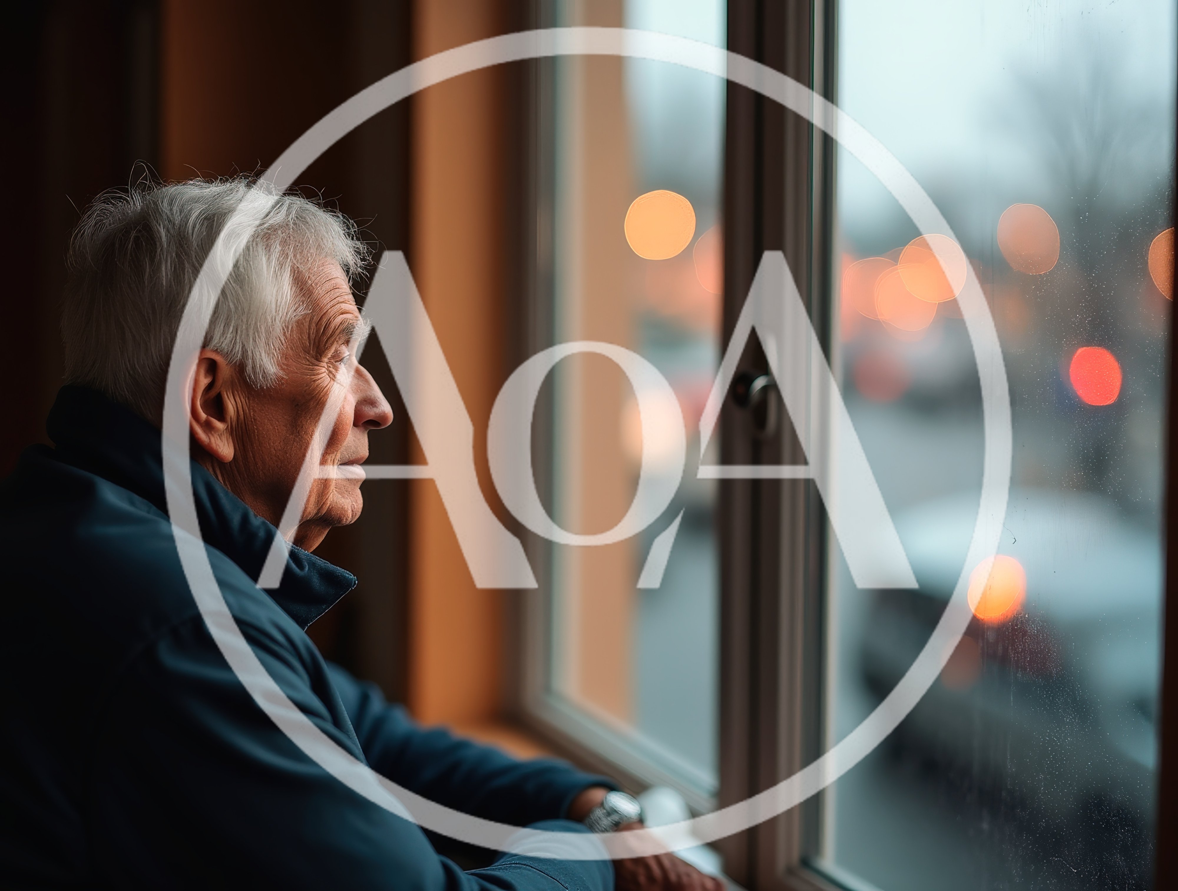 Elderly Man Looking Out A Window At City Lights