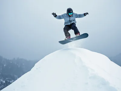 Snowboarder Performing A High Jump Over A Snowy Peak