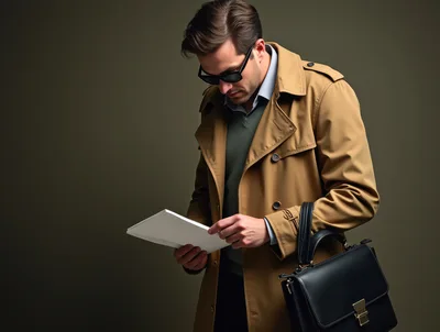 Stylish Man In Trench Coat Reading Documents