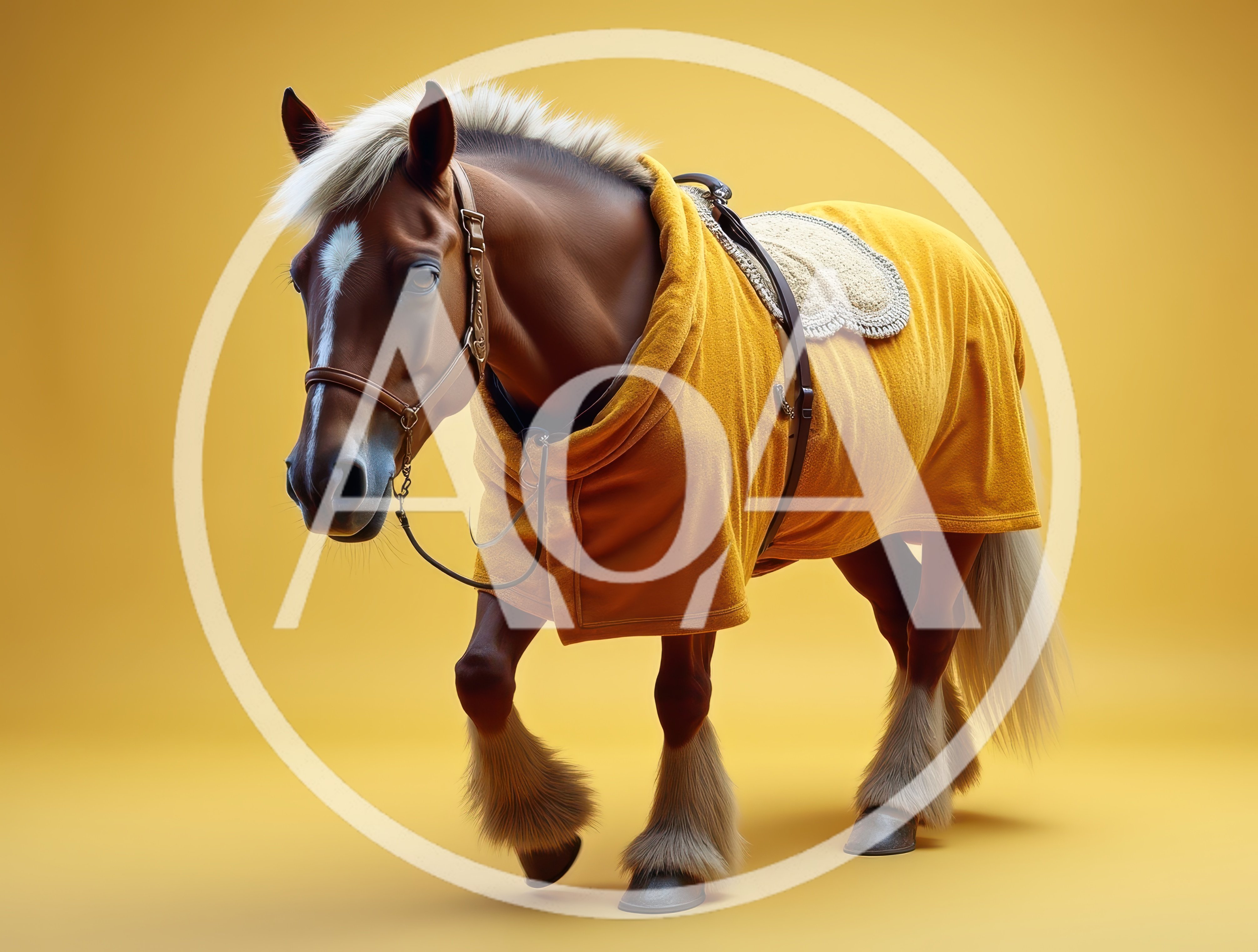 Brown Horse Wearing A Yellow Blanket