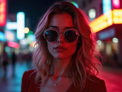Stylish Blonde Woman Wearing Glitter Sunglasses In Neon City