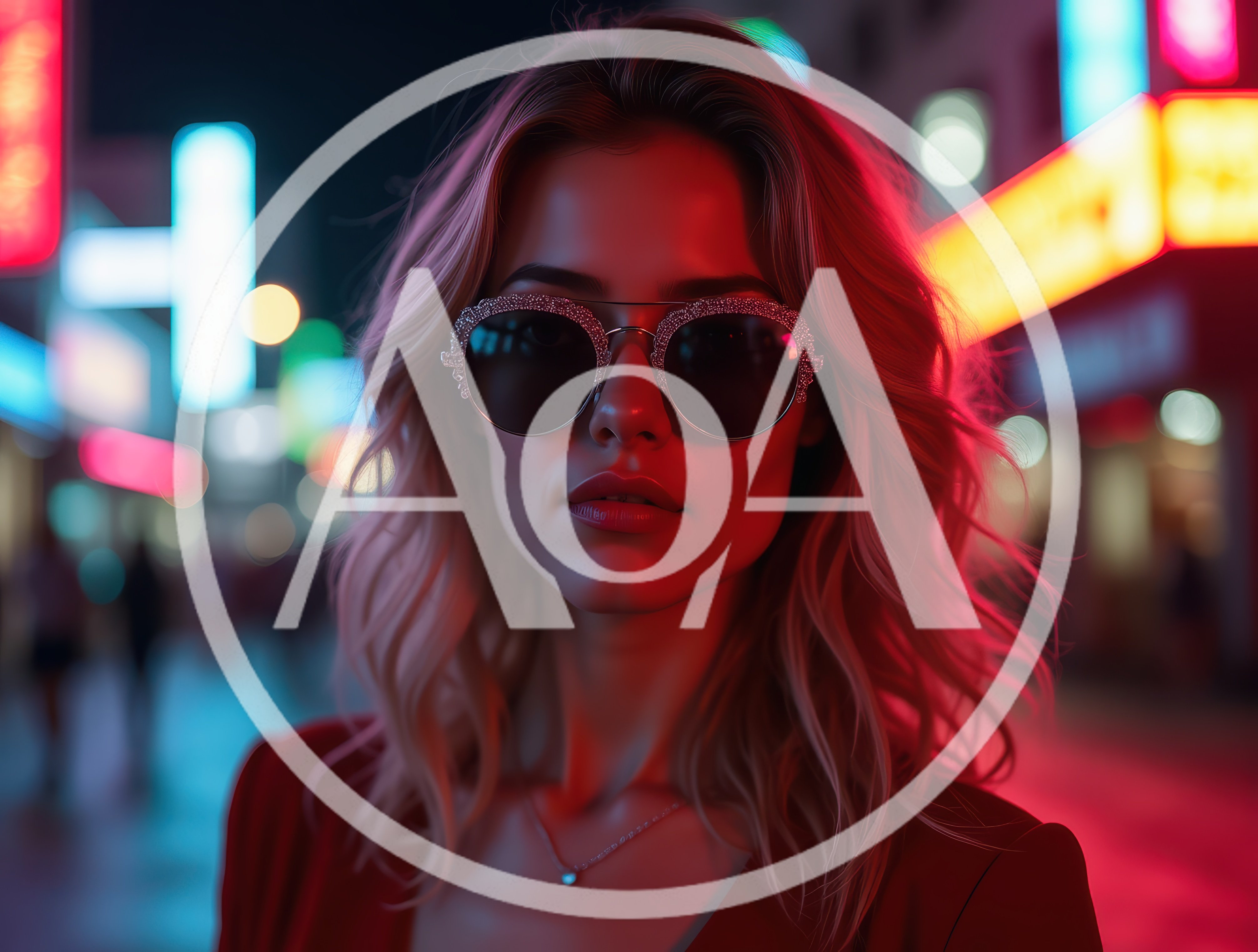 Stylish Blonde Woman Wearing Glitter Sunglasses In Neon City